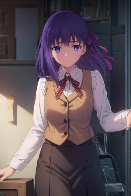 sakuramatou, <lora:sakura matou ubw-lora-nochekaiser:1>,
sakura matou, long hair, (purple eyes:1.1), purple hair, ribbon, hair ribbon, red ribbon,
BREAK shirt, white shirt, collared shirt, long sleeves, neckertie, red neckertie, vest, light brown vest, skirt, black skirt,
BREAK indoors,
BREAK looking at viewer, (cowboy shot:1.5),
BREAK <lyco:GoodHands-beta2:1>, (masterpiece:1.2), best quality, high resolution, unity 8k wallpaper, (illustration:0.8), (beautiful detailed eyes:1.6), extremely detailed face, perfect lighting, extremely detailed CG, (perfect hands, perfect anatomy),