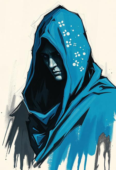 Hooded wizard, blue hood, rendered with bold, expressive smudges and unfinished strokes, art nouveau