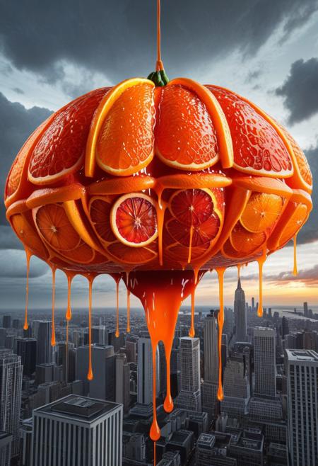 a giant ufo melting and dripping like blood orange juice, architecture infused with surreal citrus texture, hyperdetailed structure, flowing juice-like elements, vibrant reddish-orange highlights, cloudy sky, urban skyline, cinematic composition, soft lighting, high detail, taste blood orange style, dripping liquid, juice effect, overcast city, cinematic angle, melting architecture, morphing skyline