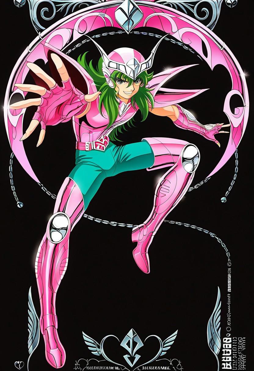 score_9, score_8_up, score_7_up, source_anime, masterpiece, best quality, 1boy, solo, andromeda shun, anshun, slim, pink sleeveless armor, long wavy green hair, pink helmet with two prongs and silver accents, pink vambraces, large pink pauldrons, fingerless pink gloves, pink thighhigh greaves, green pants, pink boots, stylized belt buckle with silver and pink accents, andromeda (symbol), black background, demoniac, dark, chiaroscuro, low-key, dynamic pose