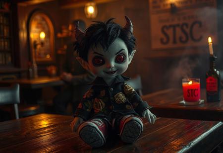 a horror version, of a small fabric plush doll, male, warm skin, devil like red eyes, empty, black hair with some green lines in it, smiling like death itself, a fine black and white clothes with detailed golden roses on it, red old and dirty sneakers, white socks, black knuggle handshoes, i bit gothic style. 
sitting on a wooden table in a old dark tavern, strange warm and red lights, brothel like, a silhouette of a bulky man in the background, on a bar and tables, some drinks and empty whisky bottle, fog, foggy, (big glowing red candly with a black writing "STSC"),
dslr 8k