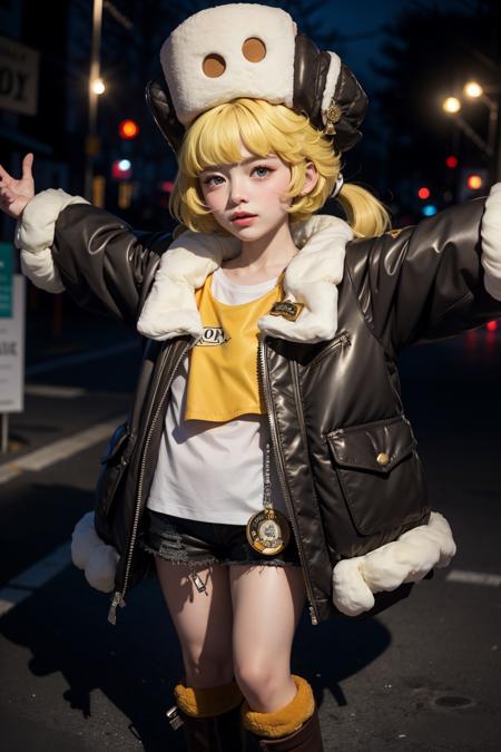 <lora:Hook:0.9> <lora:LowRA:0.1>  hooksama, 1girl, solo, long hair, looking at viewer, blush, blonde hair, shirt, gloves, long sleeves, hat, twintails, jacket, yellow eyes, boots, parted lips, open clothes, shorts, black gloves, :o, open jacket, fur trim, white headwear, black shorts, outstretched arms, brown jacket, fur hat