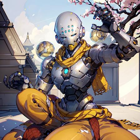 zen, floating, meditative position, omnic, robot, brown scarf, yellow pants, robot parts, male focus, (masterpiece, highly detailed), no humans, sitting in grass, sakura blossoms, eyes, slanted eyes, droopy eyes, overwatch, zenyatta, solo,  <lora:Zenyatta:1>