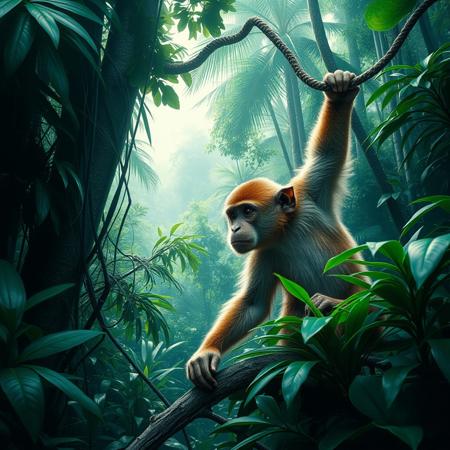 A photorealistic image of a jungle with a monkey similar to the one from Bali