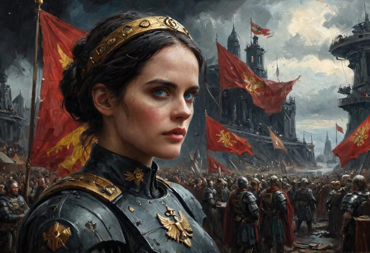 Masterpiece, Realistic (full body:2.9), (oil painting:1.9), (canvas:1.9)., perfect quality of view from the distance:
Beautiful 25yo empress (Eva Green) standing in Fitting, tight dark grey futuristic military uniform. She has prominent jaw and aquiline nose, Blue eyes and Dark hair in a bun with a subtle golden circlet. Serious look.
She radiates respect and dignity.
In the background is a large red Roman empire flag with eagle taking up most of the view. in a Gothic space ship in space. In front of crowd of people. Windy.
Dark and desperate mood scifi, warhammer 40K Propaganda. View from below.
Dark (oil painting:1.9), (canvas:1.9).Cinematic, dark mood, high resolution, high detailed face, detailed background, detailed face, outdoor light, Cinematic Lighting, bokeh