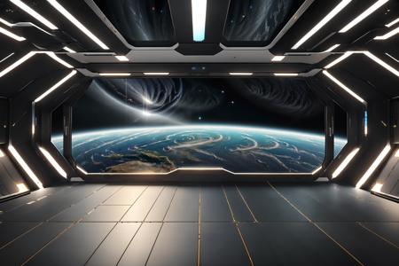 (best quality,masterpiece,realistic,HDR,UHD,8K,highres,physically-based rendering,extreme detail description,:1.2)bright environment,The background is the universe and the earth,on the deck of the spaceship,Symmetrical environment,simple surrounding background,earth,starship,spacestation,