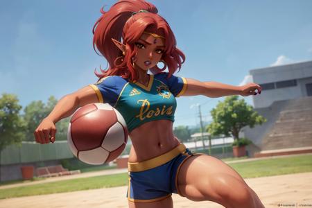 solo 1girl, masterpiece, high quality, highres, detailed face, full_body of urbosa playing football, football outfit, action shot, <lora:urbosa-sd15-000010:0.3> dark skin, red hair, sharp features, blue nail polish, blue lipstick, toned, kicking ball