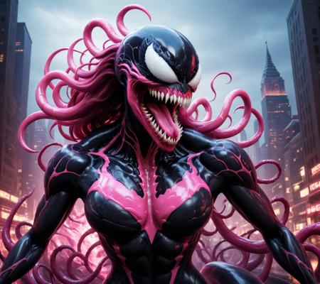 concept art <lora:She-Venom-FFusion.LORA:1> venom is a pink character with a large mouth, venom symbiote, 8 k cg render, venom, carnage, symbiote, 8k render, hyperreal highly detailed 8 k, 8 k high detail concept art, huge big breasts, hyper real render, 3 d render character art 8 k, 8k octane render, 8 k octane render, high detail 8 k render . digital artwork, illustrative, painterly, matte painting, highly detailed