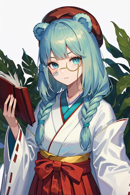 best quality, masterpiece, highres, solo, {white kimono:1.35}, {red hakama:1.35}, {wide sleeves:1.20}, {istina_arknights:1.15}, animal_ears, bear_ears, long_hair, hair_ornament, monocle, bangs, braid, blue_eyes, blue_hair, star_\(symbol\), star_hair_ornament, hat, brown_headwear, book, beret, upper_body, aqua_hair, necktie, single_braid