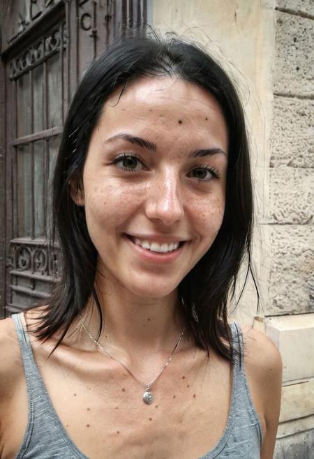 instagram selfie, 2/3 portrait , a 23 year old gorgeous skinny  woman , happy relieved smile, sweaty and exhausted, detailed skin face and eyes ,  long black hair, wearing a silver necklace, film grain, low contrast, natural face , freckles , black hair , green eyes, dark circles under eyes, in a cute apartment in paris, natural lighting, hard nipples