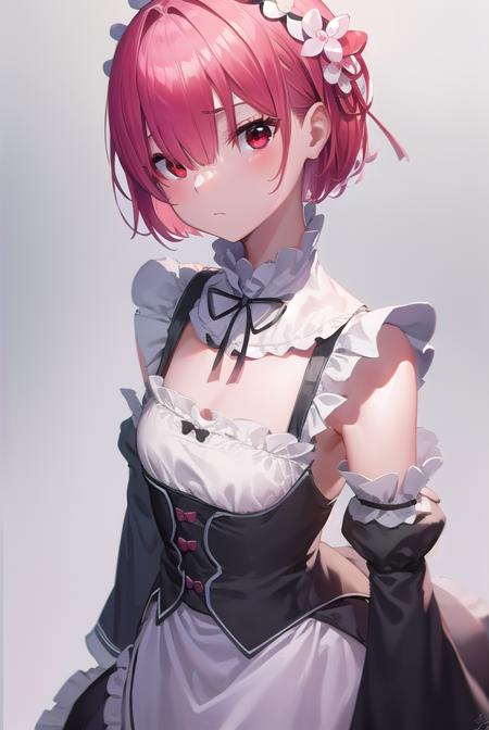 rezeroram, <lora:rezeroram-lora-nochekaiser:1>, 
ram, hair flower, hair ornament, hair over one eye, pink hair, (red eyes:1.5), short hair, x hair ornament, bangs, blunt bangs, (flat chest:1.2),
BREAK apron, black bow, black dress, black ribbon, bow, detached sleeves, dress, frilled apron, frilled sleeves, frills, juliet sleeves, long sleeves, maid, neck ribbon, puffy sleeves, ribbon, roswaal mansion maid uniform, thighhighs, two-tone dress, waist apron, white bow, white dress, white thighhighs,
BREAK outdoors, city,
BREAK looking at viewer, (cowboy shot:1.5),
BREAK <lyco:GoodHands-beta2:1>, (masterpiece:1.2), best quality, high resolution, unity 8k wallpaper, (illustration:0.8), (beautiful detailed eyes:1.6), extremely detailed face, perfect lighting, extremely detailed CG, (perfect hands, perfect anatomy),