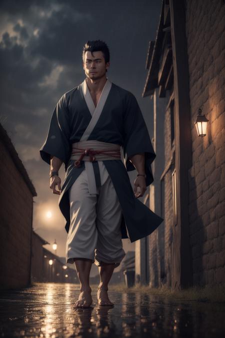 male, solo, bara,  glowing eyes, front view, dungeon and fighter , kimono, fundoshi, magic, fantasy, outdoors, black hair,night,  walking, rain, wet  <lyco:peron-25:1.0>