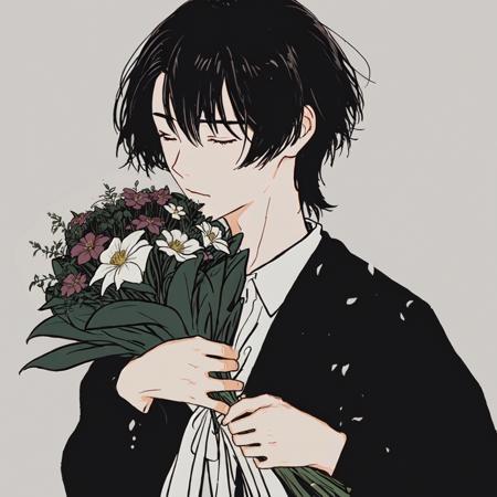 Holding a bouquet, <lora:yokotanji:0.7> yokotanjistyle, man