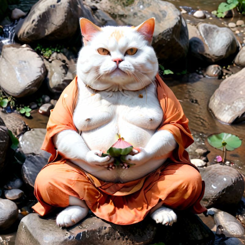 A chubby white cat sitting in a pond with a leaf in its paws.