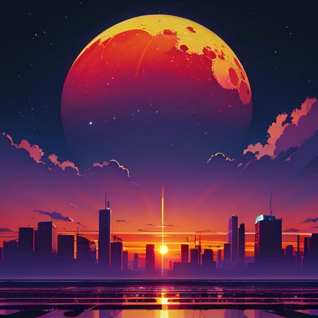 Best quality,masterpiece,ultra high res,no humans,sky,star (sky),purple sky,starry sky,cityscape,scenery,moon,night,outdoors,building,city,night sky,red sky,sunset,skyscraper,gradient sky,cloud,purple theme,
<lora:vaporwave2:0.7>,