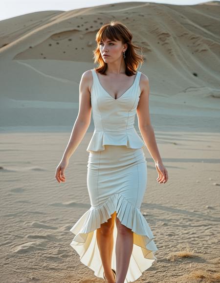 RAW analogue photo of a beautiful 25 years old woman, clear focus, high resolution image, Jane_auburn, beautiful auburn haired woman, <lora:Jane_Auburn_SDXL:0.8>,,  ,wearing peplum dress with pointed pumps, (Soft Mullet with Choppy Micro Bangs hairstyle:1.6),,high quality, film grain, Fujifilm XT3, 8k uhd, dslr, film grain, kodak tri-x 400 film, grain photo DOF, faint lighting, dynamic angle, cinematic, Depth of field, bokeh, best quality, cinematic, light particles, highly_detailed, very_aesthetic, golden hour, beautiful_and_aesthetic ,Sexy pose, erotic pose, exhibitionism, ,Desert oasis
