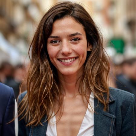 1girl, solo, doriatillier, portrait, looking at the viewer, focus on face, long hair, brown hair, beautiful, smiling, <lora:Doria_Tillier:1>