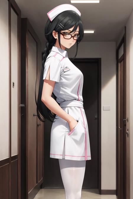 masterpiece, best quality, 1girl, solo, standing, looking at viewer, <lora:hazukishino-ch-richy-v1:1> hazukishino, nurse, nurse cap, white legwear, white pantyhose, glasses, parted lips, hospital, from side