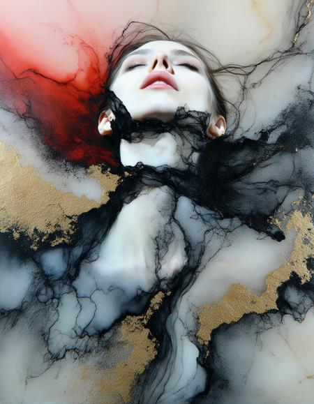 Dutch tilt close up of a windswept brunette (alabaster skin, fractured by crystalline sugar highlights) emerging from swirling inky chaos, her black wool jumper matte against liquid gloss. Caravaggio-esque chiaroscuro pierces studio light through suspended ink droplets — crushed lavender-red streaks bleed into indigo vortices. Impasto oil textures: brushstrokes etch her hair’s turbulence; molten sugar crystallizes on her collarbone. mist clings to her silhouette, dissolving into fractal patterns. 
Palette: bruise-toned gradients clash with ethereal pastels, depth amplified by anamorphic lens distortion. volatile metamorphosis.
