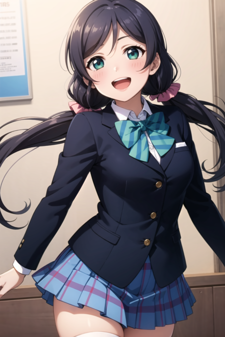 (masterpiece, best quality, ultra-detailed), (illustration), (beautiful detailed eyes), (1girl), (solo), toujou nozomi, green eyes, long hair, low twintails, scrunchie, <lora:NozomiLL_v1-04:0.5>, long hair,  blush, smile, open mouth, long sleeves, bow, jacket, white shirt,pleated skirt, collared shirt, black thighhighs, bowtie, blue skirt, plaid skirt, blue jacket, green bow, striped bow, winter uniform, otonokizaka school uniform, striped bowtie, green bowtie,