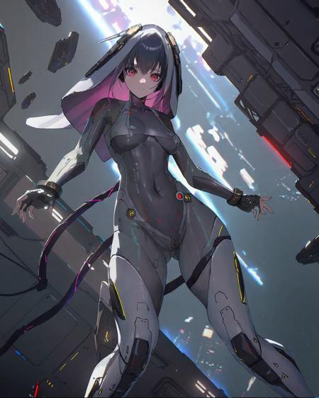 (1girl:1.2),(solo:1.2),masterpiece,best quality,highly detailed,best quality,photo realistic,depth of field,highres,extremely detailed wallpaper,third-party edit,<lora:LyraLoraXL:1>,(serious:1.5),extremely detailed bodysuit,covered navel,red eyes,fighting pose,(universe,cyberpunk spaceship:1.3),