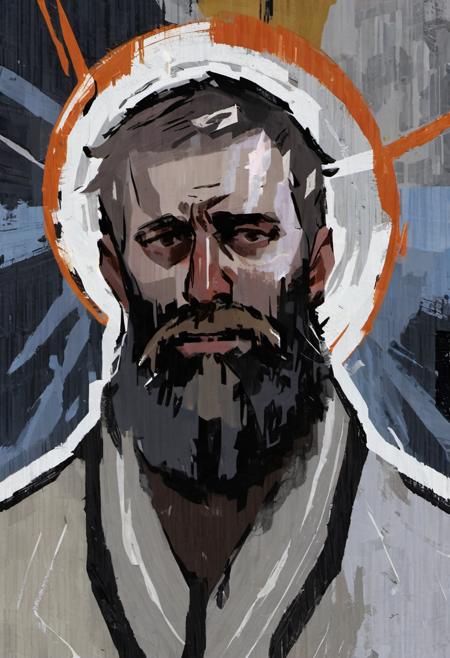 disco elysium, man with beard, grim expression, pale white skin, angelic halo, lightning background, expressionist, paint streaks