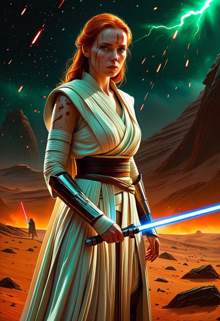 A beautiful Jedi Knight with wavy red hair Standing on the a bloody battlefield on Tatooine. Her white Jedi robe are intricately detailed and reflecting flickering light, Star Wars style, The light of battle illuminates her determined expression as she prepares to face the dark enemy, (holding the blue Lightsaber in his hand: 1.5), Close up. Star Wars art style, They stand on the battlefield against an army of Dark Sith where a bloody slaughter is taking place, (standing in a vigorous pose: 1.3), (direct eye contact: 1.3), whole athletic body, cinematic lightning, intricately detailed white and green Jedi robe, The scene is reminiscent of a Greg Rutkowski concept art piece, realstic blue eyes, realistic freckled pale face covered in blood, with dramatic lighting and a dark, curvy, looking at viewer, gritty atmosphere, Ultra-detailed, Raytracing reflections, High contrast, beautiful Jedi Knight, beautiful firm body, girl athletic figure, (very pale face: 1.3), oranges, and greens, attractive 21 years old woman, cinematic lightning, Cinematic film still, Medium shot. Best quality, Masterpiece, The scene is reminiscent of a Greg Rutkowski concept art piece, realistic pale face covered in blood, with dramatic lighting and a dark, gritty atmosphere, asymmetrical balance, adding to the intense and dynamic atmosphere of the scene