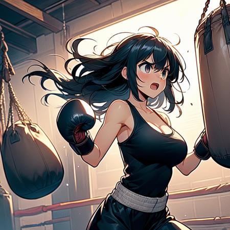 hanging sandbag outstretched fist punching impact spiral wind on fist boxer helmet boxing gloves tank top training gym wind glowing speed lines