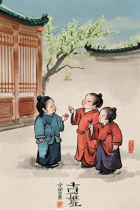 high quality,6+girls are playing  in a chinese painting style,