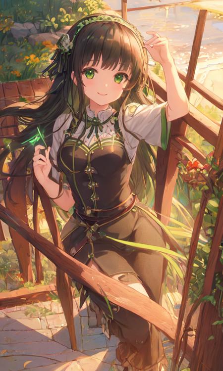 masterpiece, best quality, detailed, wallpaper, 
1girl, solo,  
long black hair,green eyes,hair accessory,
<lora:chiya_v2:0.4>,
smiling