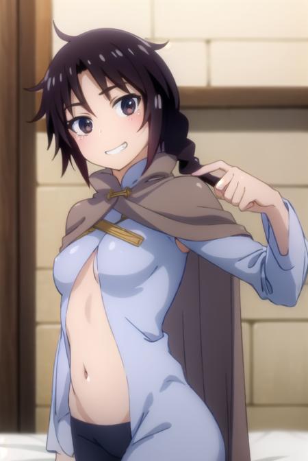 reviewerstunk, <lora:reviewer stunk female-lora-nochekaiser:1>,
stunk, long hair, black hair, (brown eyes:1.5), braid, single braid, smile, grin,
BREAK cape, bodysuit, covered navel, cloak,
BREAK indoors, bed,
BREAK looking at viewer, (cowboy shot:1.5),
BREAK <lyco:GoodHands-beta2:1>, (masterpiece:1.2), best quality, high resolution, unity 8k wallpaper, (illustration:0.8), (beautiful detailed eyes:1.6), extremely detailed face, perfect lighting, extremely detailed CG, (perfect hands, perfect anatomy),