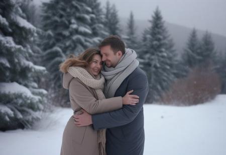 A married couple hugging and smiling, dressed in thick coats and scarves, walking together on the snow in a winter mountain landscape. The snow-covered trees and warm gray sky create a cozy and calm atmosphere. Ideal for a video about long-term relationships or special moments