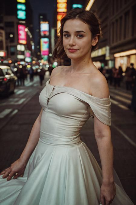 analog film photo solo, realistic, fstyle, ((european woman)), (((long brunette hair)), (((Sensual, A deep, intense gaze, a slow, deliberate smile, and a relaxed posture.:1.2))), (((Frilled off-the-shoulder top worn with a tulle long skirt and ballet flats))), ((sidewalk of city street, New York Times Square, Night, Night Lights, City Lights, Neon Lights, Videotron)), ((dynamic pose)), skin, high detailed, 8k, clear facial features, taken with Sony a7II by Richard Avedon, <lora:PAseer-SD15-LCM Quick:1> <lora:ReaLora:.2> <lora:[IE]_-_Dominique_McElligott:1> dominiquemce <lora:FStyle_-_Photography_Style:.4>  . faded film, desaturated, 35mm photo, grainy, vignette, vintage, Kodachrome, Lomography, stained, highly detailed, found footage