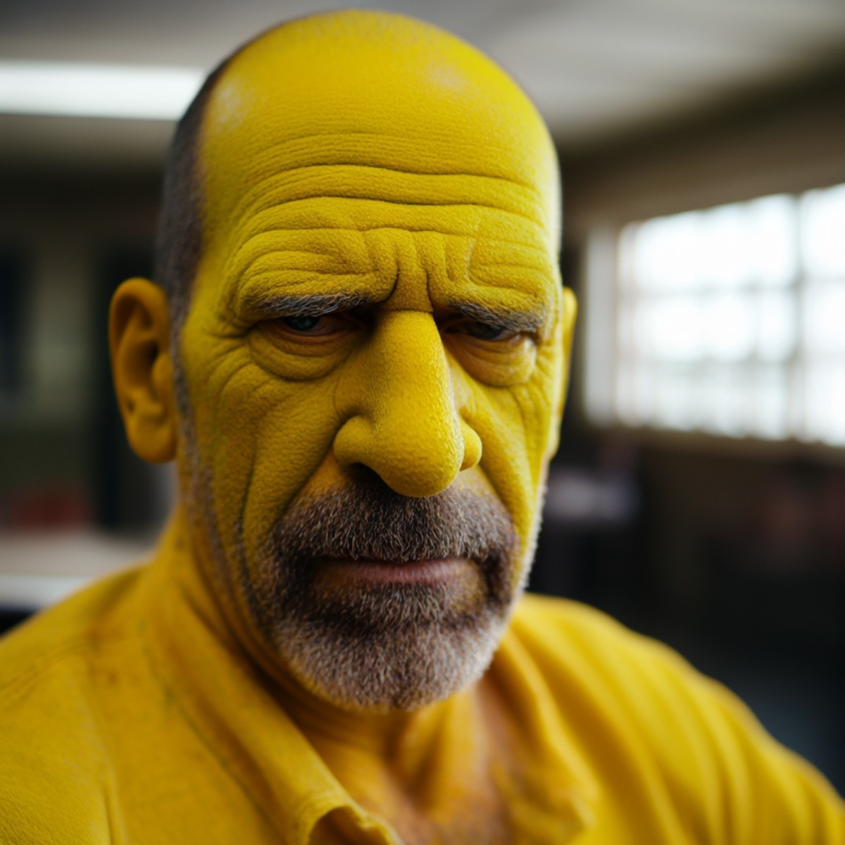 amateur cellphone photography a man who looks like Homer Simpson, ((yellow skin)), in real life at day care building . f8....