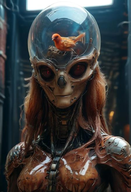Create an image of an female Slender translucent dark-red artialien that looks like a secret agent on planet Earth. Long billowing Hair Made of cables and hoses, The alien is standing at a corner, peeking out curiously. It is wearing a vintage suit with a hat and tie. The colors of the image should be bleached, giving it a vintage look. The background is a downtown area on a sunny morning, with birds visible in the scene.
 volumetric lighting, atmospheric haze, Film grain, cinematic film still, shallow depth of field, highly detailed, high budget, cinemascope, moody, epic, OverallDetail, gorgeous, 2000s vintage RAW photo, photorealistic, candid camera, color graded cinematic, atmospheric lighting, skin pores, imperfections, natural, shallow dof,