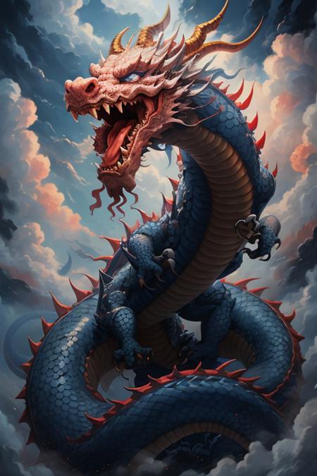 chinesedragon, cloud, no humans, dragon, cloudy sky, sky, open mouth, blue eyes, scales, fangs, tongue, monster, teeth, horns, solo