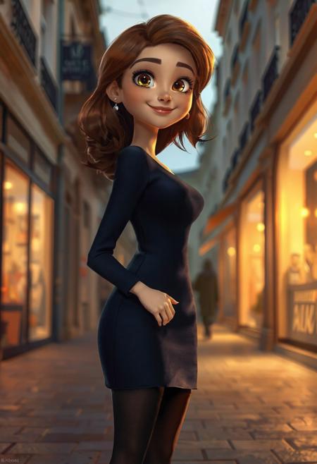 A 4K ultra-detailed digital illustration of Geneviève Marie Dubois, rendered in a Pixar/DreamWorks-inspired style with photorealistic textures and expressive animation detailing. She is a poised and elegant woman in her early 30s, with luminous fair skin, soft waves of chestnut brown hair falling around her shoulders, and large, intelligent hazel eyes full of warmth and curiosity. Her facial features are delicately stylized—charming and expressive—yet grounded in realism, with lifelike skin texture, subtle blush tones, and detailed lighting effects that create soft shadows and natural highlights. Geneviève wears a stylish contemporary outfit: a fitted navy blue dress, paired with black tights and ankle boots. The fabric textures are incredibly lifelike—each thread, fold, and reflection rendered with Pixar-level precision. Her pose is relaxed, standing slightly turned, with a confident, gentle smile. The background features a softly lit Parisian street at dusk, with warm golden lights glowing from shop windows and faint atmospheric haze adding cinematic depth. The overall mood is enchanting, sophisticated, and slightly whimsical, blending animated charm with photorealistic richness.