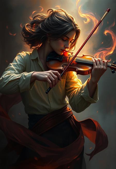 A classical musician playing a violin, their form structured but surrounded by soft, swirling colors that suggest the sound of the music
dark fantasy realism meets dynamic digital illustration, rich atmospheric lighting, intricate and highly detailed compositions, dramatic chiaroscuro, strong contrasts with ethereal glow, textured painterly surfaces combined with crisp digital refinement, expressive and heroic character design, mystical and gothic undertones, rich earthy and moody color palettes, fluid yet structured compositions, fusion of classical artistry with modern fantasy aesthetics, immersive storytelling with a cinematic feel