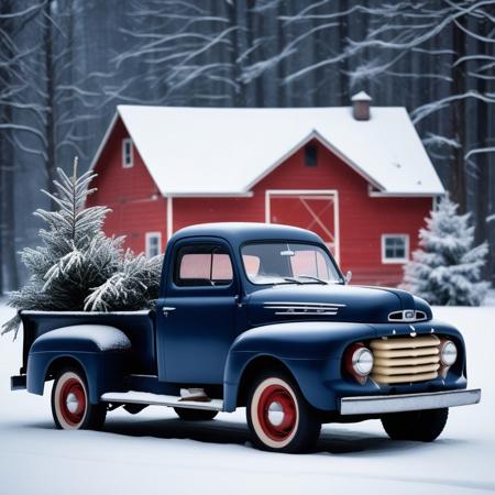 old dark blue 1952 Ford truck with a  fir tree in its cabin. Winter background with a red farm eve and snowy woods.