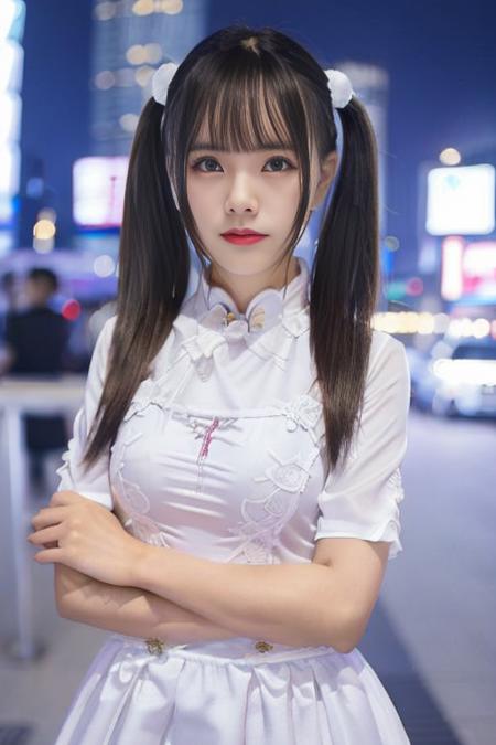 1girl, Chinese, white cheongsam, upper body, looking at viewer, outdoors, times square, earrings, twintails,