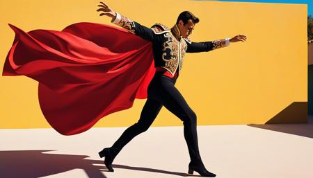 dramatic matador in ornate gold-embroidered jacket, tight black pants, looking down to his left with intense concentration, red cape swirling dramatically around him, graceful dancer-like pose, one arm extended holding cape, body twisted in elegant motion, traditional Spanish bullfighter outfit,, vibrant acrylic painting style, bold flat colors, clean geometric compositions, bright California sunlight, crisp shadows,  saturated color palette, smooth gradients, minimal detail work, contemporary pop art influence, architectural precision, optimistic 1960s atmosphere,