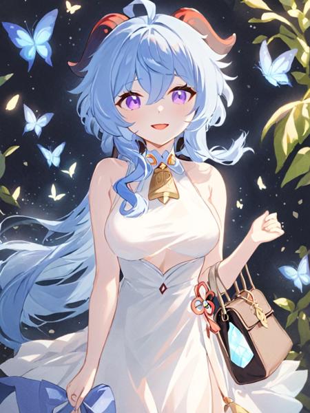 <lora:ganyu:1>,1girl, ganyu_\(genshin_impact\), solo, horns, blue_hair, ahoge, long_hair, bell, handbag, looking_at_viewer, bag, dress, purple_eyes, bangs, neck_bell, white_dress, sidelocks, bug, butterfly, holding_own_arm, alternate_costume, smile, breasts, open_mouth, hand_on_own_arm, parted_lips, hair_between_eyes