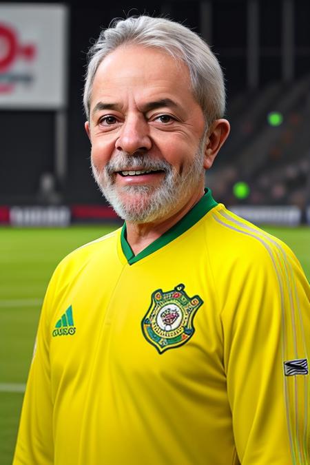 cinematic photo portrait of lula++ wearing a yellow and green soccer jersey, smiling, perfect face, upper body, stadium background, depth of field (Hasselblad photography, highres skin texture)1.2, masterpiece, cinematic lights, 8K, UHD, HD texture, film grain, hyperdetailed, best quality