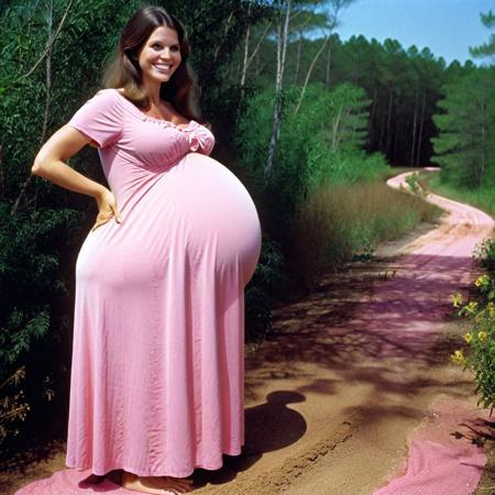 full-body photo of a very pregnant smiling woman. She is wearing a pink maternity dress. She is standing barefoot.