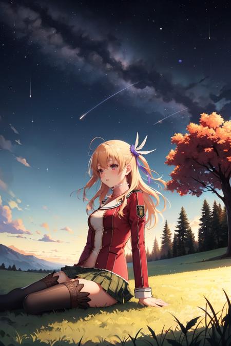 masterpiece, best quality, alisa reinford, sen1alisa, two side up, purple ribbon, turtleneck, red jacket, green miniskirt, brown thighhighs, sitting on the ground, grass, field, night sky, stars, tree, looking up, from side <lora:alisa-nvwls-v2-000009:0.9>