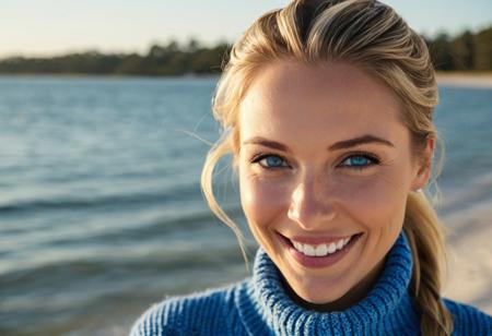 A hyper-detailed, high-resolution (8K) image of a 35-year-old woman with sleek blonde hair tied back, facing the camera;beautiful and perfect  absolutely natural face, not plastic look,wearing an oversized detailed blue knit sweater. Her striking blue eyes gleam with warmth, framed by delicate laugh lines that enhance her inviting charm. subtle wrinkles on her face, natural skin texture. Captured with a wide-angle lens, without distortion. 10 feet away from the lens, enjoying the golden afternoon light. Shot with a Nikon D5300, 50mm lens, f/2.8, ISO 100. Natural sunlight highlights her face and outfit. Background: Hilton Head architecture and the Ocean  in soft focus. Inspired by Peter Lindbergh’s natural elegance in urban travel.