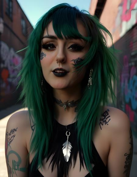 In a grunge-inspired setting, FR4NC35 poses confidently with a sultry smile, her hair adorned with a vibrant feather ornament that cascades down her back, accentuating her piercing green eyes and dark lipstick. Her lips are parted slightly to reveal a silver tongue stud, her bangs framing her face in a messy yet intentional way. The scene is captured from a low-angle shot, casting dramatic shadows across her face, with the background revealing a dimly lit, graffiti-covered alleyway, giving an edgy and alluring tone to this captivating portrait.