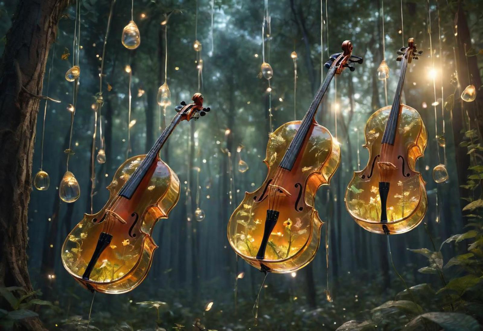 Three Violins Hanging in the Air in a Forest: A Fantasy Art Scene