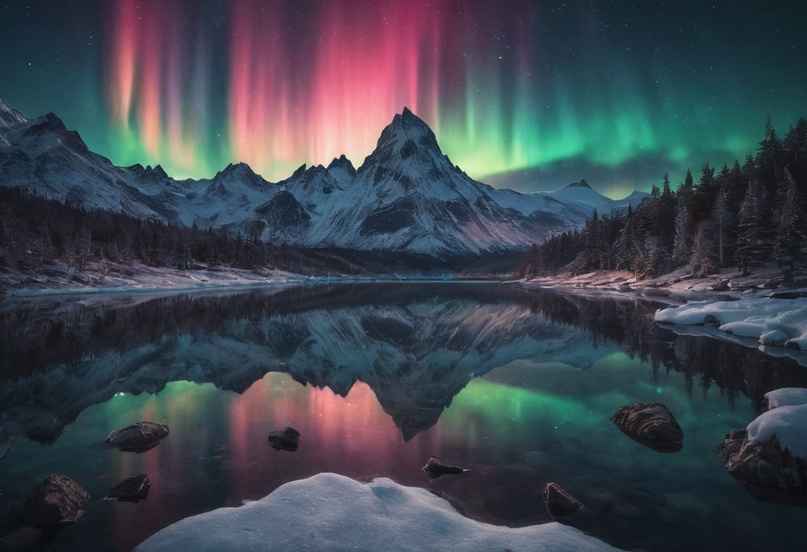 A mesmerizing landscape photograph depicting the aurora dancing over an alpine lake, inspired by the ethereal beauty of th...