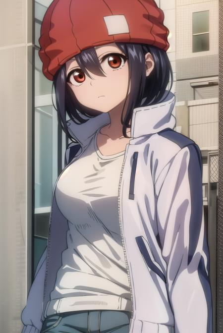 fuukoizumo, <lyco:fuukoizumo-lyco-nochekaiser:1>,
fuuko izumo, black hair, hair between eyes, (brown eyes:1.5), short hair,
BREAK shirt, white shirt, jacket, open jacket, pants, denim, beanie, (red beanie:1.2),
BREAK looking at viewer,
BREAK indoors, classroom, (cowboy shot:1.5),
BREAK <lyco:GoodHands-beta2:1>, (masterpiece:1.2), best quality, high resolution, unity 8k wallpaper, (illustration:0.8), (beautiful detailed eyes:1.6), extremely detailed face, perfect lighting, extremely detailed CG, (perfect hands, perfect anatomy),